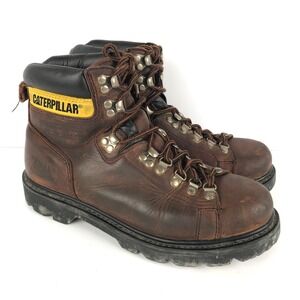 CATERPILLAR Leather Work Boots Men's 9.5 Brown Lace Up Oil‎ Resistant Waterproof
